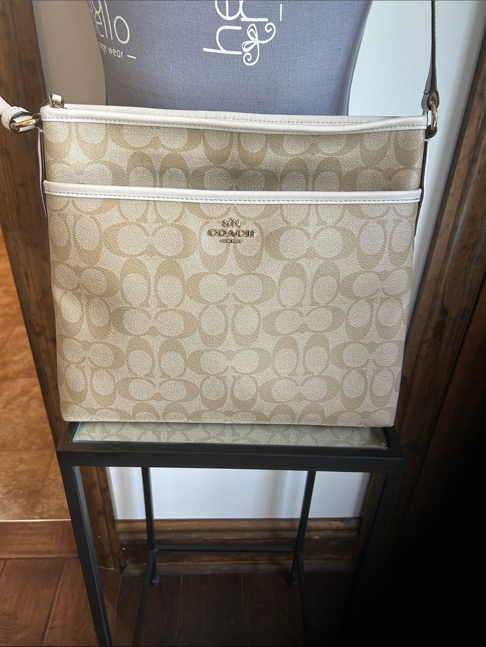 Coach Beige Signature Monogram Crossbody with White Trim